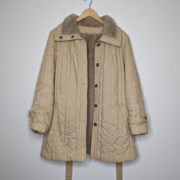 Vintage Channel Quilted Sherpa Lined Jacket Khaki Neutral - Picture 3 of 16